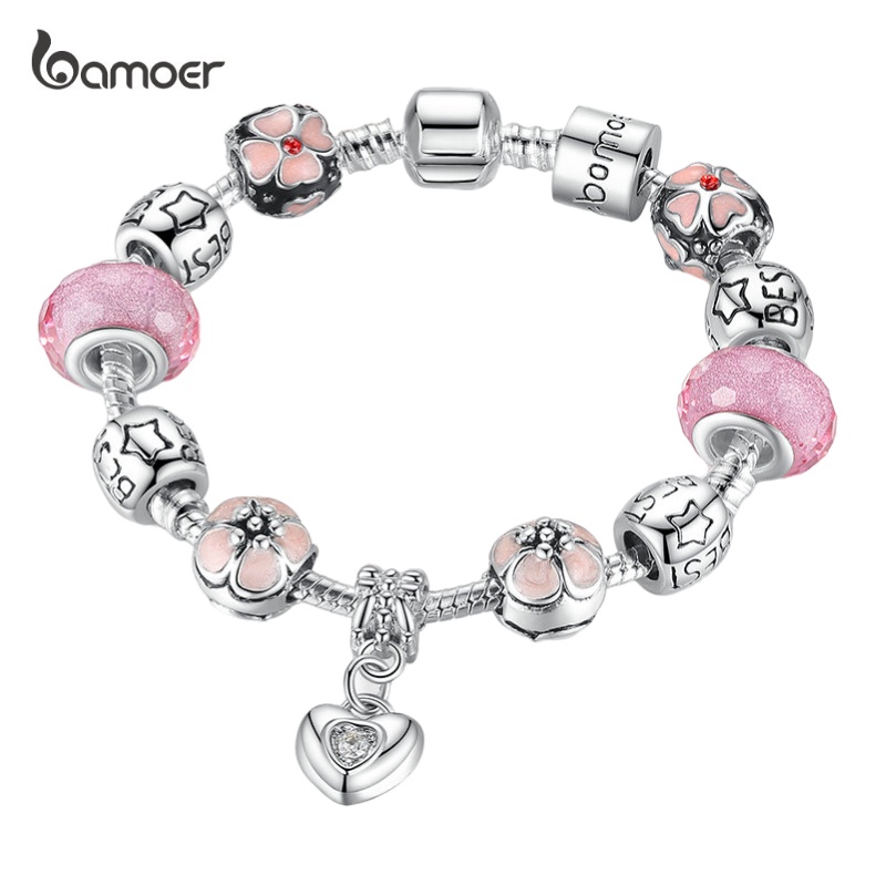 ราคาและรีวิวBAMOER Silver Plated Charm Bracelet with Heart Pendant & Cherry Blossom Charm Pink Murano Glass Beads Friendship Bracelet PA1459