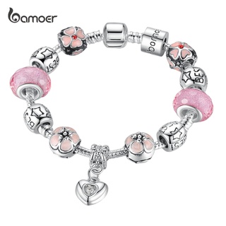 BAMOER Silver Plated Charm Bracelet with Heart Pendant &amp; Cherry Blossom Charm Pink Murano Glass Beads Friendship Bracelet PA1459