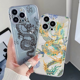 เคสโทรศัพท์มือถือ TPU ใส ขอบสี่เหลี่ยม กันกระแทก ลายมังกรจีน สําหรับ iPhone 13 Pro Max 14 12 iPhone 11 XR 8 7 SE 2022