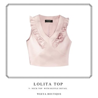 WEEYA LOLITA TOP เสื้อครอป แขนกุด คอวี แต่งระบายรอบคอ