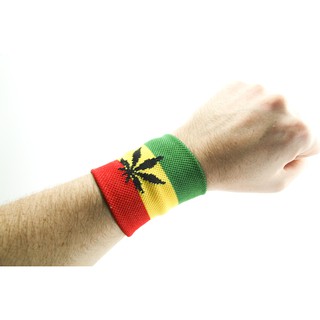 สินค้าราสต้า Wristband  Green Yellow Red สายรัดข้อมือราสต้า-เรกเก้สีสดใส ลายใบไม้ใบเล็กสีดำ