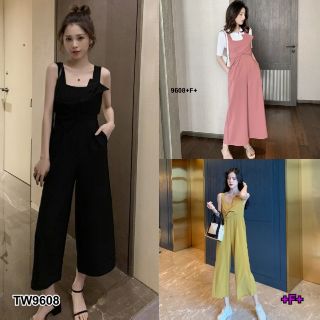 &lt;TW9608&gt;Jumpsuit จั้มสูทสายเดี่ยวขายาว ผ้าซาร่าสีพื้น กางเกงทรงกระบอกกว้าง เอวปล่อยไม่สม็อค มีซิปหลัง