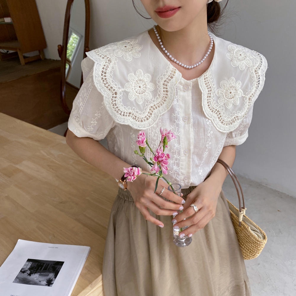50577-เสื้อเชิ้ตแขนสั้น-คอปก-ปักลายลูกไม้-สไตล์ใหม่