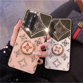 เคสโทรศัพท์มือถือกระจกชุบเพชร ลายใบโคลเวอร์ พร้อมแหวนขาตั้ง สําหรับ OPPO A77 5G A77s A57 2022 4G A76 A96 A16 A55 A54 A15 A15s A95 A74 5G A53 A33 A52 A92 A9 A5 2020 A7 A5s A12 A11k