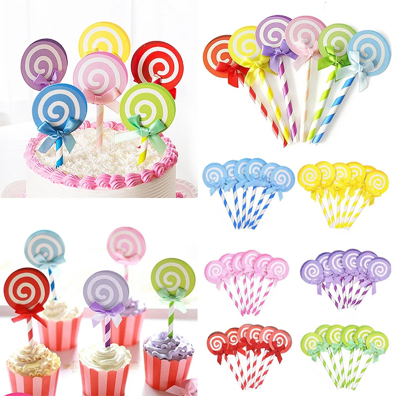 ภาพหน้าปกสินค้า6pcs/set Rainbow Lollipop Cake Topper Birthday Party Cake Cupcake Decoration