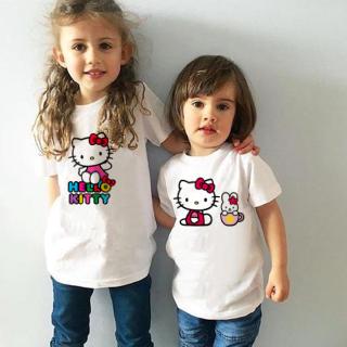 เสื้อยืดแขนสั้น พิมพ์ลายการ์ตูน Hello Kitty น่ารัก แฟชั่นฤดูร้อน สําหรับเด็กผู้หญิง