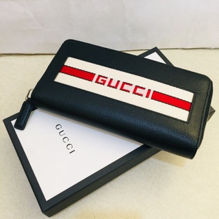 ส่ง 14,900 กระเป๋าสตางค์หนังแท้ แบบซิปรอบ GUCCI Logo Stripe Leather Zip ไม่มีถุงผ้า