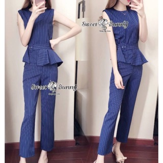 Stripe Sleeveless Insert Ruffle Pants Set