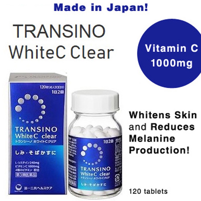 daiichi-sankyo-transino-white-c-clear-120-เม็ด-วิตามินแก้ไขและป้องกันกระฝ้า-จุดด่างดำ