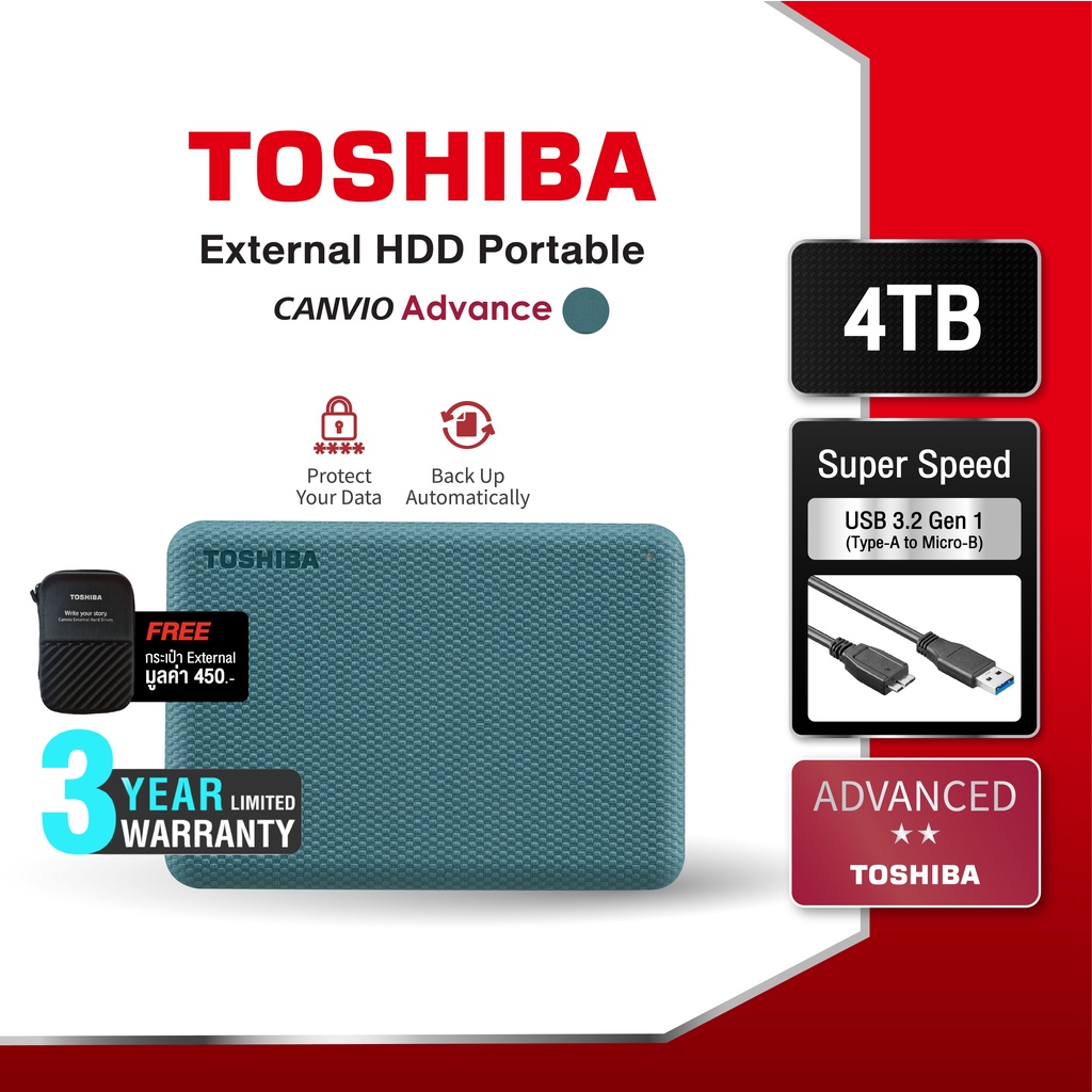 ภาพหน้าปกสินค้าToshiba External HDD (4TB) USB 3.2 SuperSpeed, รุ่น (Canvio Advance V10) Security Auto-backup 2.5" สีเขียว ฮาร์ดดิสพกพา Portable Hard drive ฟรี  กระเป๋ากันกระแทก (TSB-HDTCA40AG3CA) จากร้าน toshibastorage_online บน Shopee