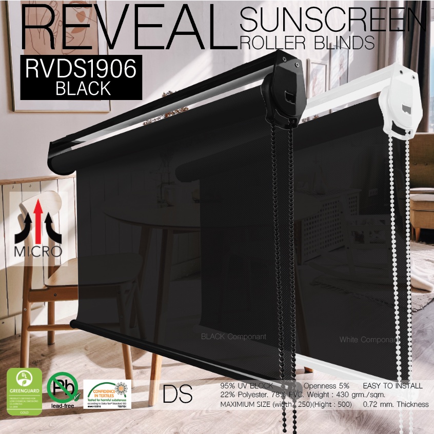 rvds1906-ม่านม้วนผ้า-sunscreen-สีดำ-กรองแสงมองทะลุ-95-และความร้อน-เนื้อผ้าป้องกันฝุ่นละออง-และความชื้น