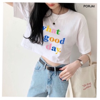 🔥SALE🔥PORJAI เสื้อยืดครอปสีขาว สกรีนตัวหนังสือนูน