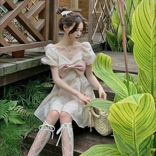 🔥Hot Sale / 22427 2022 Small Fresh Floral Dress เดรสเจ้าหญิงแขนพัฟ เดรสสั้นเอวผูกโบว์ฝรั่งเศส
