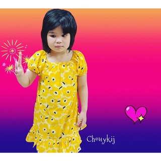 ชุดเดรสเด็กผู้หญิงแขนตุ๊กตาสีเหลืองลายดอกมารีเมโกะ