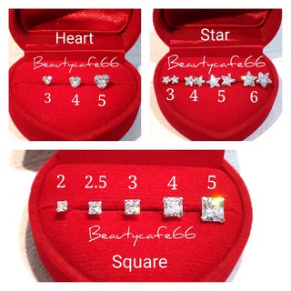 สินค้า Silver925 (1 คู่) ต่างหูเพชร CZ สวิตซ์ ทรงเหลี่ยม หัวใจ ดาว Square Heart Star ต่างหูเงินแท้ 92.5% ต่างหูเงิน