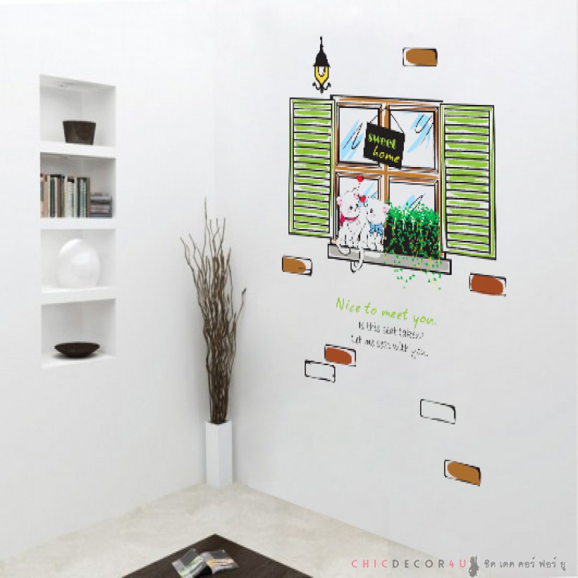 วอลล์สติ๊กเกอร์-eco-041-white-cats-by-green-window-แมว