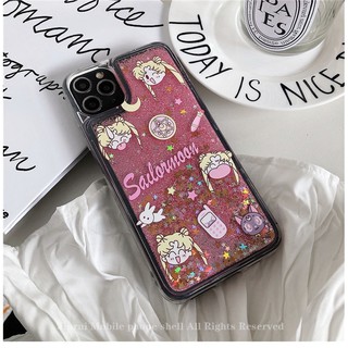 ส่งจากไทย เคสตู้น้ำ เคสกากเพชร ไหลได้ ลายเซล่ามูนสีชมพู case Samsung Note20ultra S9plus S20fe A50s A71 iPhone12promax