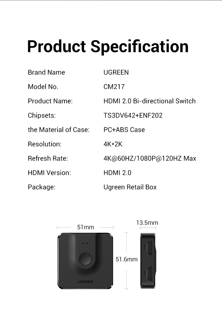 ข้อมูลเพิ่มเติมของ UGREEN HDMI Switch 2 IN 1 Out 4K @ 60Hz HDMI Splitter 1 in 2 Out HDMI Splitter for PS5, PS4, Xbox, TV Box, TV Stick, Switch, Monitor, PC etc.