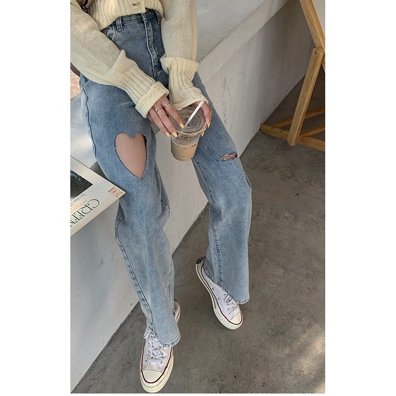 รูปภาพสินค้าแรกของกางเกงยีนส์เอวสูงพร้อมส่ง กางเกงยีนส์ขายาวลายรูปหัวใจ สไตล์เกาหลี แนววินเทจ 620