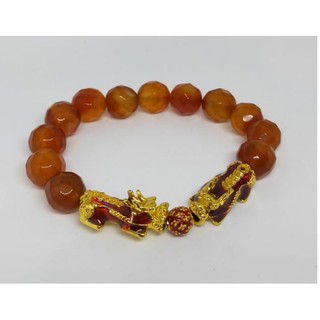 กำไล ปี่เซียะคู่ พร้อมลูกปัดลายไทยชุปทอง หินมงคล หินคาเนเลียน Carnelian