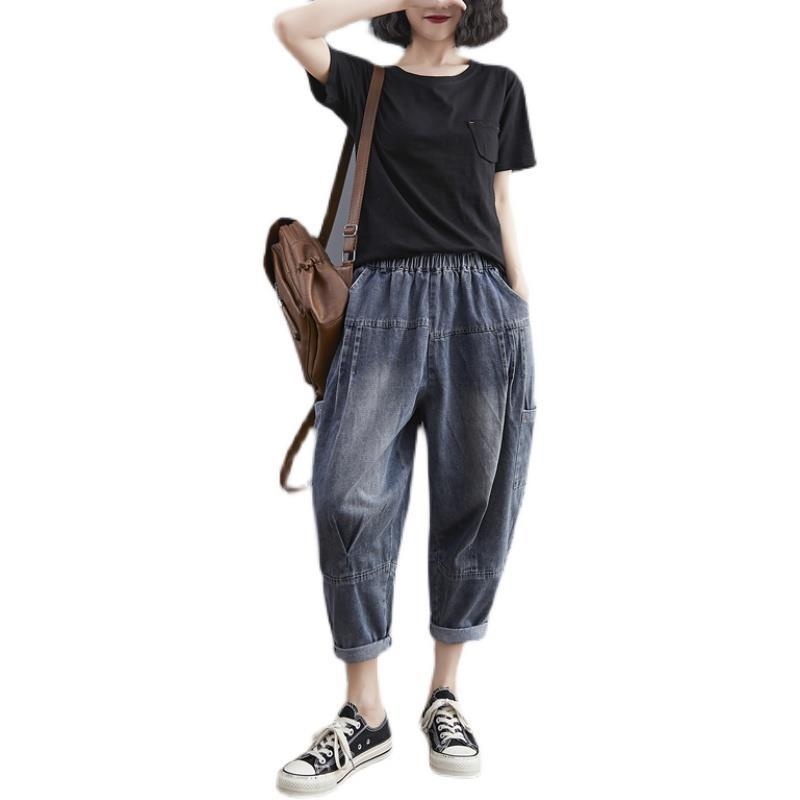 กางเกงยีนส์-กางเกงฮาเร็มผู้หญิง-หลวม-ขนาดใหญ่-เอวยางยืด-กางเกงยีนส์แฟชั่น