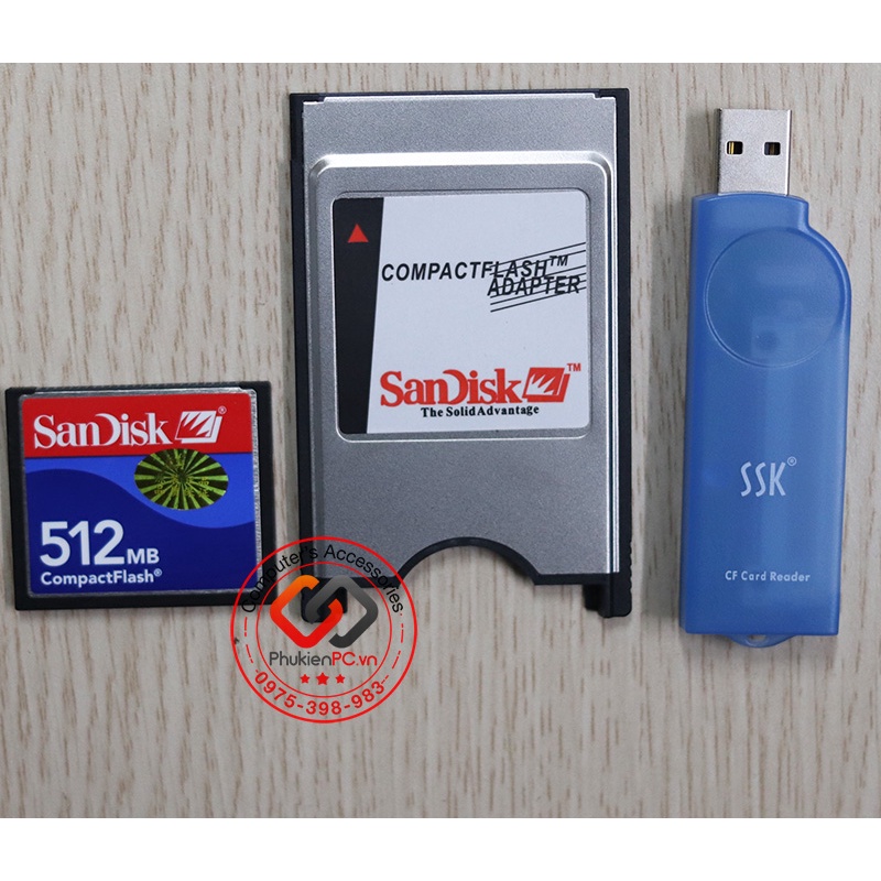 Sandisk 512MB CF Memory Card Combo, PCMCIA 68 IDE/ATA Card jacket, SSK ...