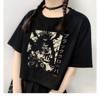 เสื้อยืด 2021 วินเทจญี่ปุ่นอะนิเมะแฟนตาซีโคลเวอร์ศิลปะมังงะสีดำโอตาคุเสื้อยืดฤดูร้อนสบาย ๆ ยืดหลวมเสื้อยืด