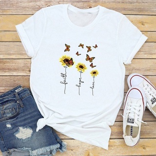 ✙☁Butterfly T Shirts, Chrysanthemum casual Daisy Flower t shirt  Faith Hope Shirt Love Shirt Jesus Christian tees Women