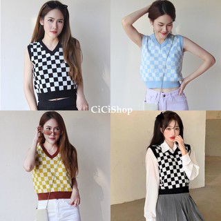 Cicishop(8185/8191)เสื้อกั๊กไหมพรมคอวีทอลายตาราง เนื้อผ้าใส่สบาย สไตล์ฮิปสเตอร์ชิคๆ