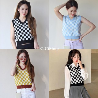 สินค้า Cicishop(8185/8191)เสื้อกั๊กไหมพรมคอวีทอลายตาราง เนื้อผ้าใส่สบาย สไตล์ฮิปสเตอร์ชิคๆ