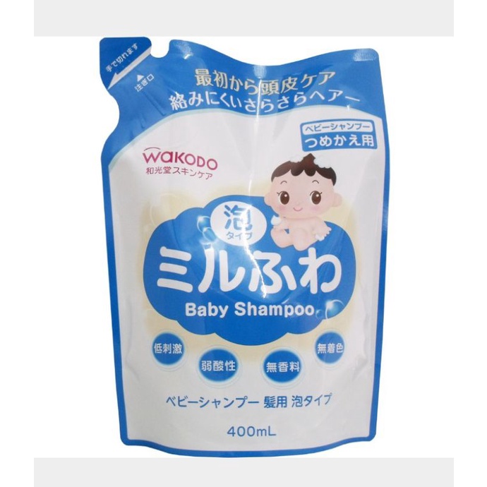 wakodo-milky-fluffy-baby-shampoo-hair-แชมพูเด็ก-foam-type-refill-ถุงเติม-400ml