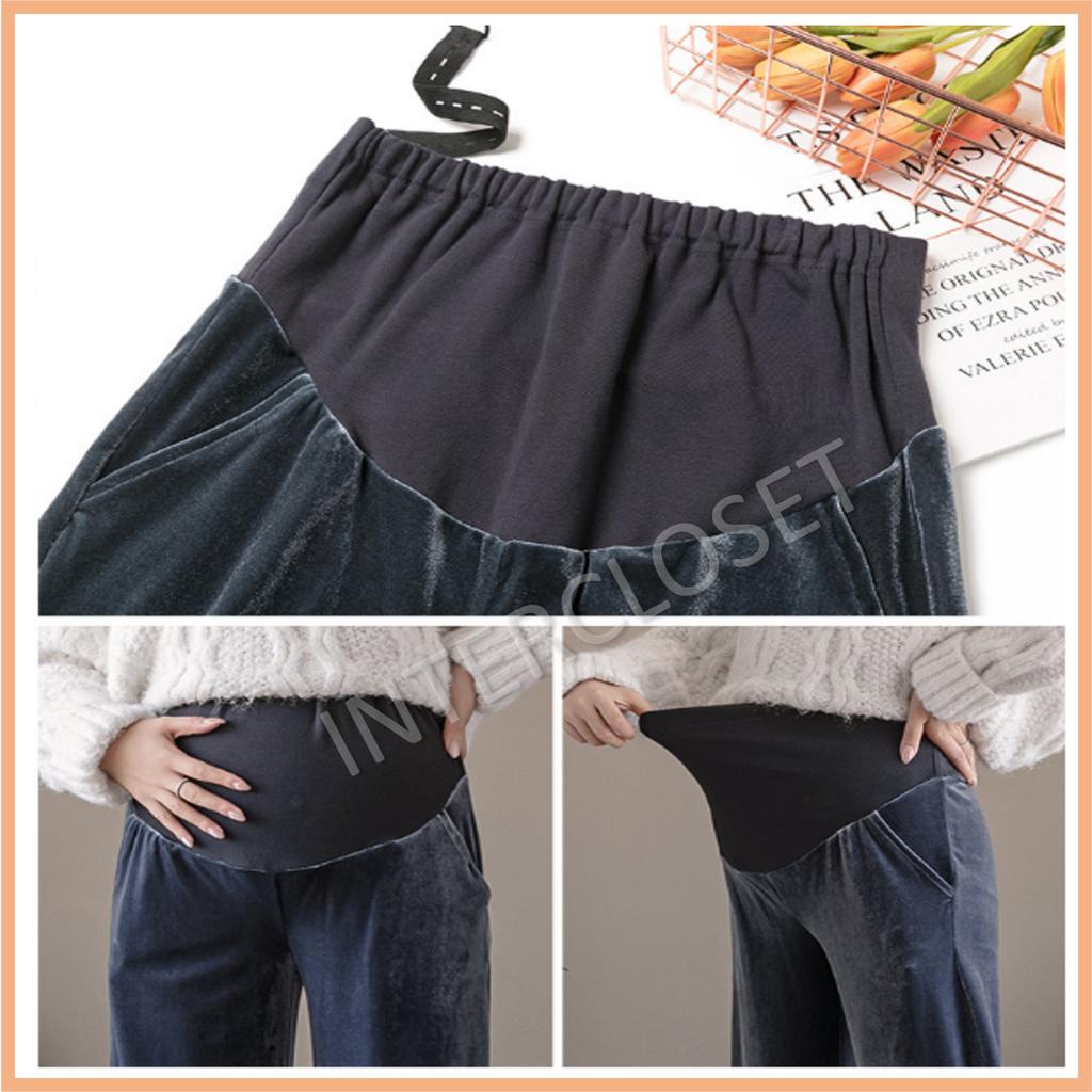 กางเกงคนท้อง-pl25-กางเกงขายาวคนท้อง-ผ้ากำมะหยี่ยืดได้-ชุดคลุมท้อง-กางเกงสำหรับคนท้อง-ปรับขนาดเอวได้