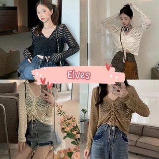 Elves✨พร้อมส่ง✨ เสื้อถักไหมพรมแขนยาว คอวี ดีเทลรูดตรงกลางเซ็กซี่ ~4Y008~ -C