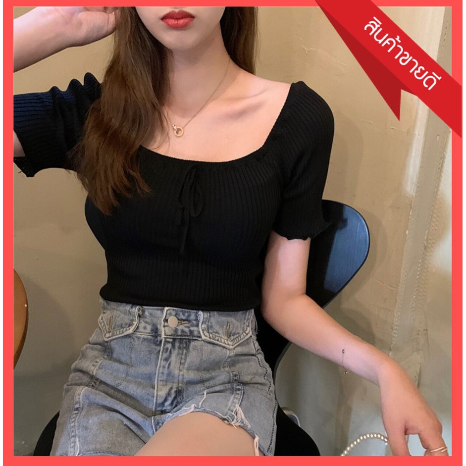 anacami-เสื้อแฟชั่นเกาหลี-เลื้อครอปไหมพรม-ผ้านิ่มใส่สบาย-รุ่น-1064