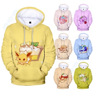 เสื้อแจ็กเก็ต มีฮู้ด พิมพ์ลาย Pokemon Pikachu Eevee สําหรับเด็กผู้ชาย ผู้หญิง