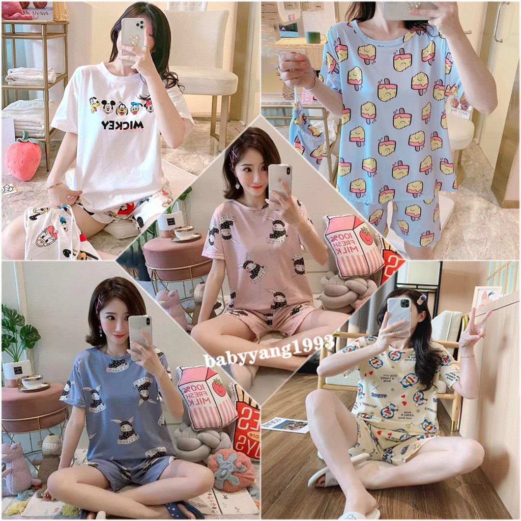 ลายการ์ตูนน่ารักพลัสไซส์แขนสั้นชุดนอนหลวมบริการถึงบ้านcartoon-pattern-cute-pajamas-set-home-service