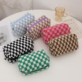 NEW Ins Checkerboard Knitted Pencil Case B Capacity Pen Bag Zipper Stationary Organzier Daliy Lips Makeup Storage Stationary