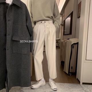 สินค้า 🇰🇷 พร้อมส่ง 4 สี! กางเกงลำลองผู้ชาย สไตล์เกาหลี กางเกงทรงกระบอกเล็ก จีบหน้า ทรงสวยมากๆ กางเกงสแลค ผ้าใส่สบาย P02