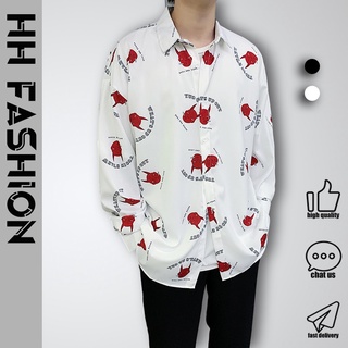 เสื้อเชิ้ตแขนยาวลําลอง ทรงหลวม ลายดอกไม้ สไตล์เกาหลี ฮาวาย เหมาะกับเดินชายหาด สําหรับผู้ชาย