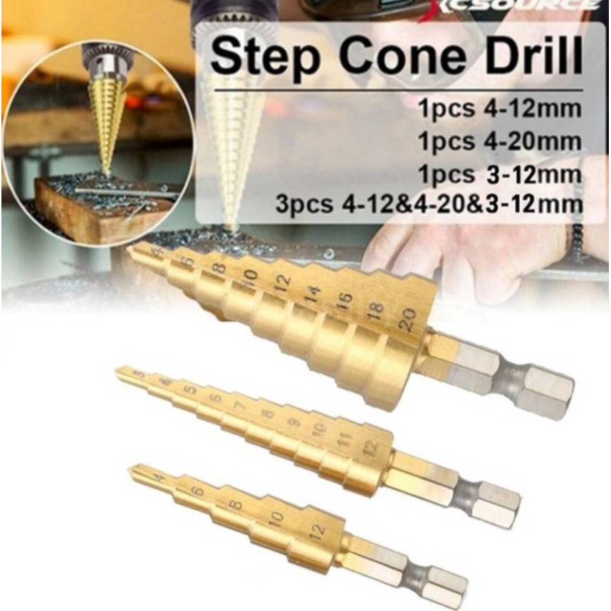 ราคาและรีวิว3pc ดอกสว่าน ดอกเจาะ เจาะขยาย ดอกเจาะคว้านรู ดอกเจดีย์เจาะขยายรู STEP DRILL SET ดอกเจดีย์ แกนหกเหลี่ยมขนาดเล็ก3-20mm