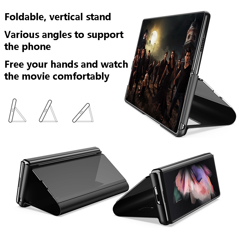เคสโทรศัพท์-samsung-galaxy-z-fold3-5g-phone-case-smart-sleep-wake-mirror-shockproof-leather-stand-holder-hard-bracket-protection-cover-flip-case-samsung-z-fold-3