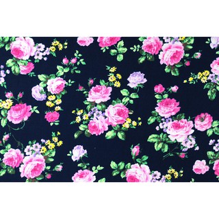 [SALE] 45x55 ซม. ผ้าเมตร ผ้าคอตตอน ผ้าฝ้ายแท้ 100% ลายดอกไม้ ดอกกุหลาบสีชมพู ม่วง  พื้นสีน้ำเงินกรมเข้ม สไตล์Classic