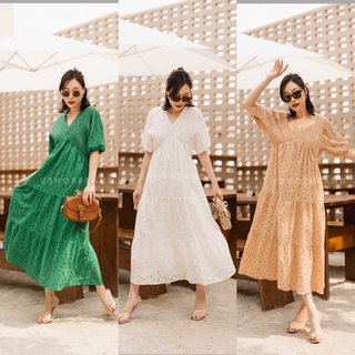 📍พร้อมส่ง📍Code : 91066 เดรสผ้าฉลุสีขาว เดรสสีขาว งานป้าย vshop