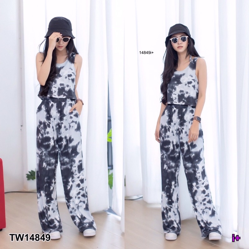 tw14849-set-3-ชิ้น-บราผูกคอ-เสื้อกล้าม-กางเกงขายาว-เอวสม็อกรอบ-มีกระเป๋าล้วงข้าง-เนื้อผ้า-sport-micro-ลายมัดย้อม