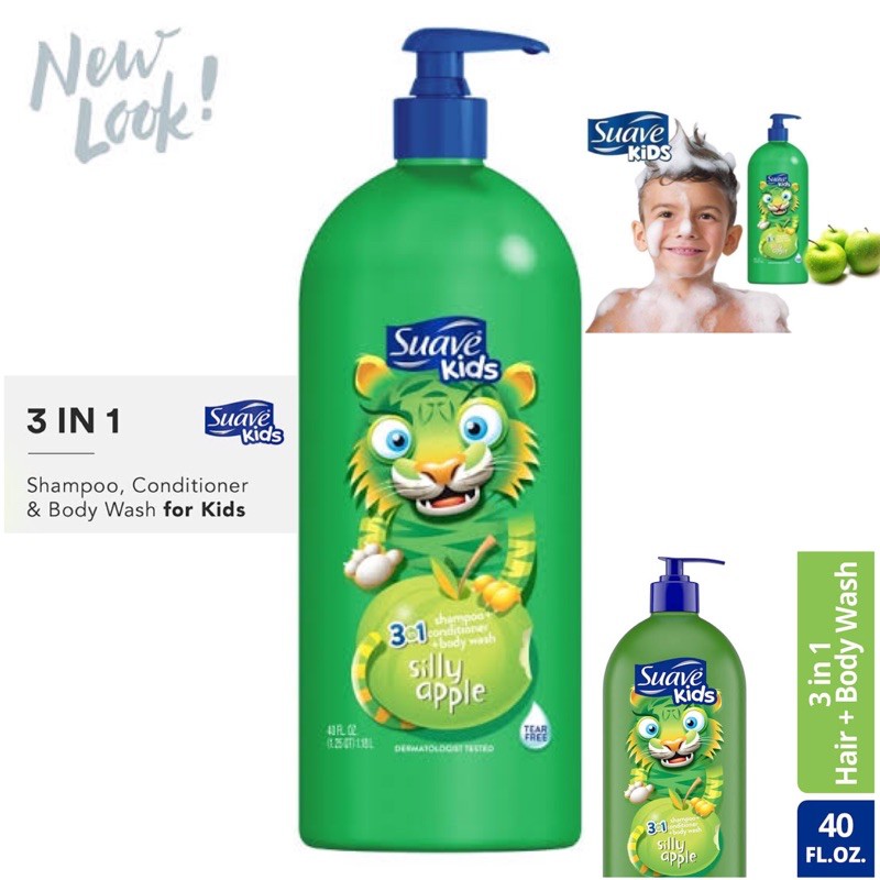 สุดคุ้ม-suave-kids-3-in-1-แชมพูผสมคอนดิชั่นเนอร์และครีมอาบน้ำ-silly-apple-ขนาด-40-ออนซ์