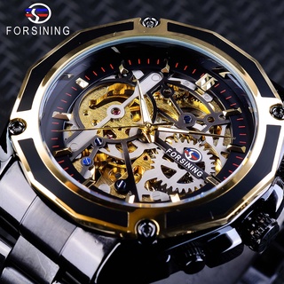 Forsining Steampunk Style Mens Skeleton Watches Black Automatic Mens Watch Top Brand Luxury Luminous Hands Horloges Ma