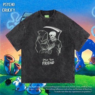 เสื้อยืดโอเวอร์ไซส์เสื้อยืด ขนาดใหญ่ พิมพ์ลาย Only True Friend Psycho Crucify | หินล้างทําความสะอาด | เสื้อยืด ขนาดใหญ่