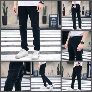 SHOPCNX - กางเกงยีนส์สีดำขายาว *รุ่นขาดเข่าแนวStreet*