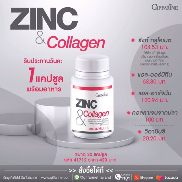 ส่งฟรี-ซิงค์-แอนด์-คอลลาเจน-กิฟฟารีน-zinc-and-collagen-giffarine-ลดสิว-ผมร่วง-ผมมัน-บำรุงผิวพรรณ