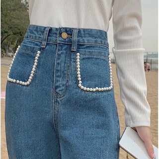 มีสินค้า💐 เกาหลีเอวสูงสไตล์ย้อนยุคกางเกงยีนส์มุกหวานหลวมกางเกงขายาว